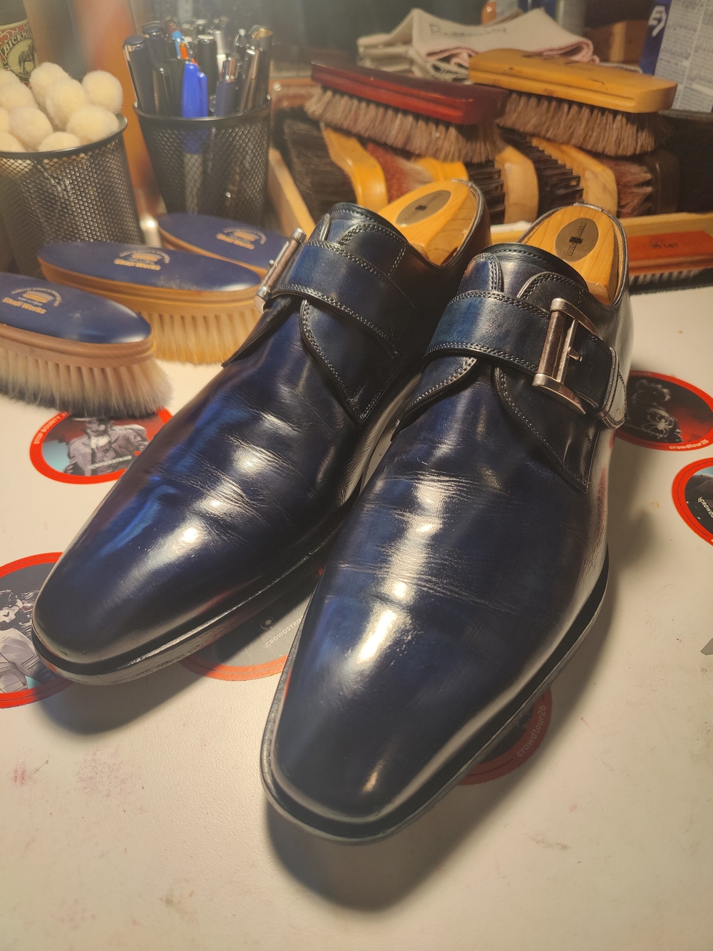 Magnanni Navy Blue Leather Single Monk Strap Dress Shoes